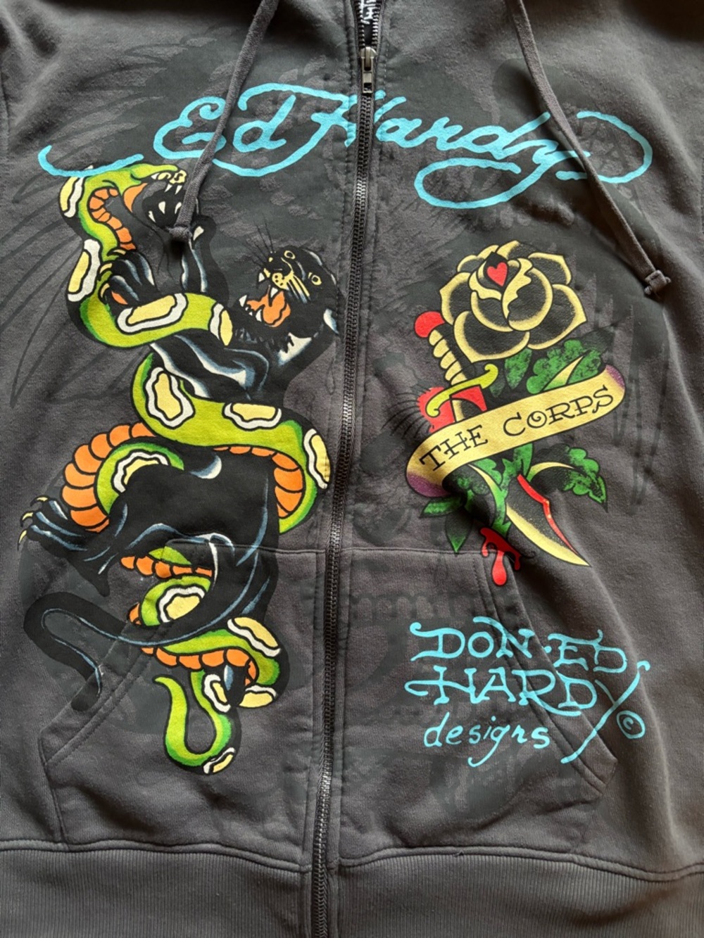 Ed Hardy Snake Panther Tattoo Zip Hoodie Charcoal | Size XL | Y2K - Picture 7 of 11